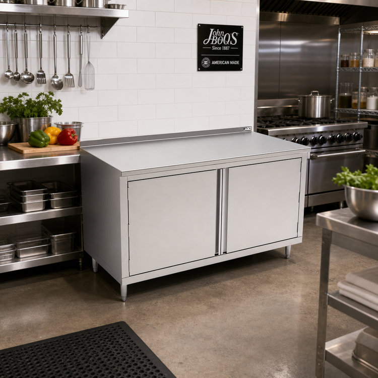 Product image #2 for John Boos 60 Inch x 24 Inch Stainless Steel Cabinet Base Work Table with Hinged Doors and 1-1/2 Inch Rear Riser
