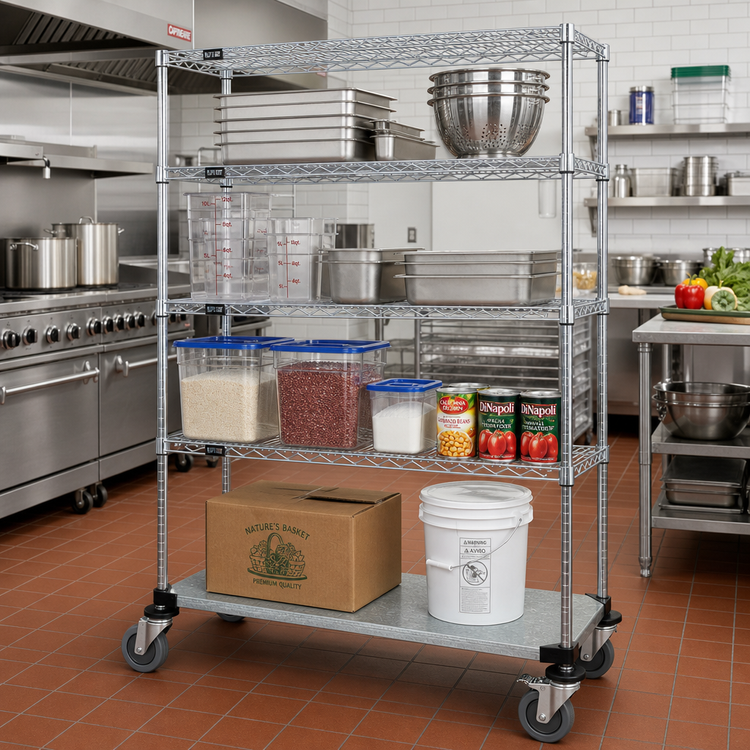 Product image #2 for Quantum 60"W x 24"D x 80"H Mobile Wire Shelving Cart with 4 Shelves and Chrome-Plated Finish