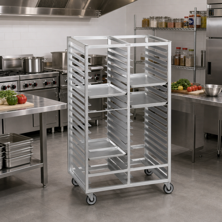 Product image #2 for Standard Series Double-Section Aluminum Cafeteria Tray Rack with 5-Inch Swivel Stem Casters, 36-Tray Capacity, 45 x 30 x 36 Inches