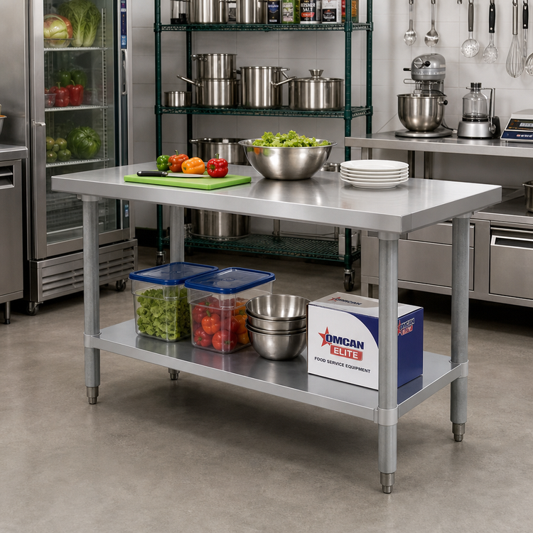 Product image #2 for Omcan Elite Series 48-Inch x 24-Inch 18-Gauge 430 Stainless Steel Work Table with Galvanized Undershelf