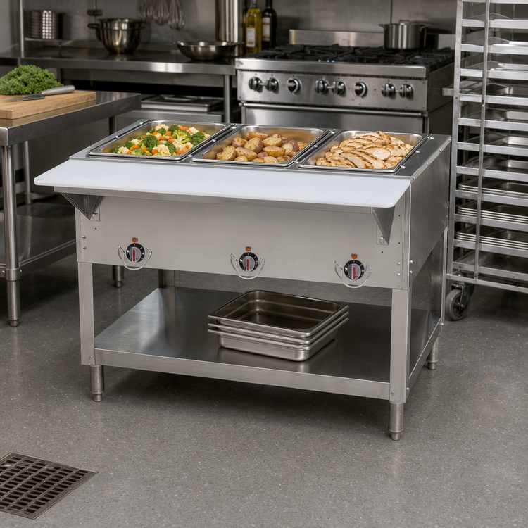 Product image #2 for BK Resources 3-Well LP Gas Hot Food Table with Cutting Board Shelf and Adjustable Undershelf