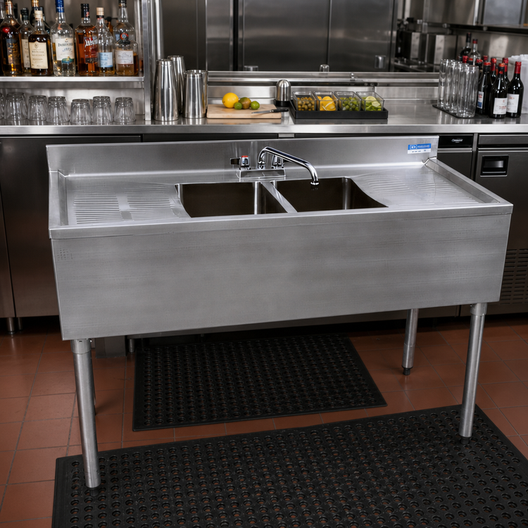 Product image #2 for BK Resources Two-Compartment Underbar Sink with Dual Drainboards and Faucet, 48 Inch Wide