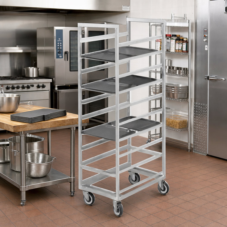 Product image #2 for Channel Stainless Steel Single-Section Cafeteria Tray Rack for 15 x 20 Trays, End Load, 20-Tray Capacity, 64-Inch High, with 5-Inch Swivel Stem Casters
