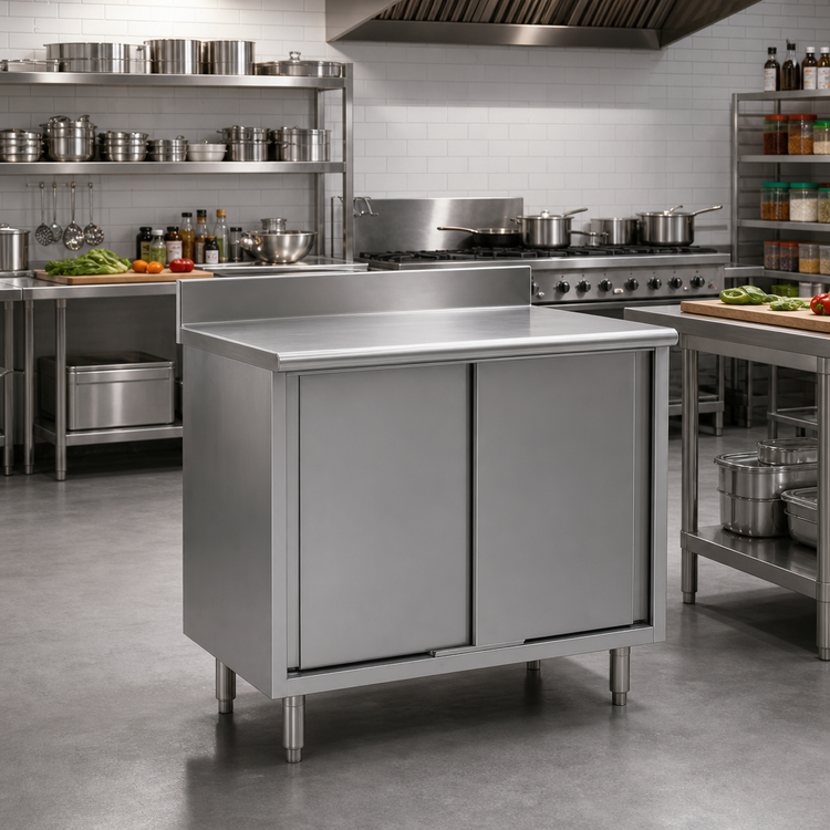 Product image #2 for Eagle Spec-Master Stainless Steel Enclosed Work Table with Sliding Doors, 96-Inch W x 30-Inch D, 4-1/2-Inch Backsplash