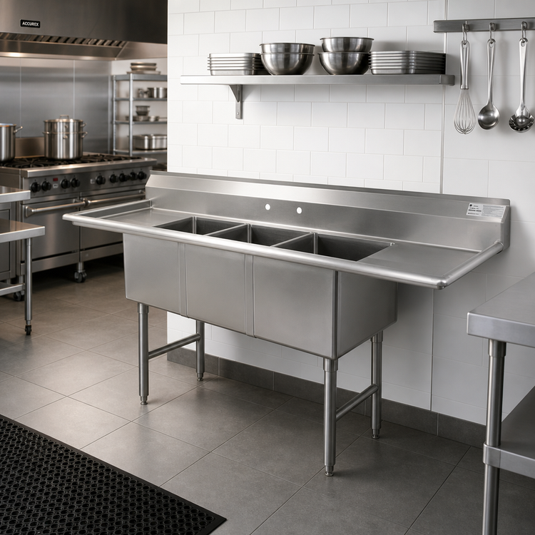 Product image #2 for Advance Tabco 3-Compartment Fabricated Sink with Left and Right Drainboards, 18 x 24 x 14 Inch Bowls