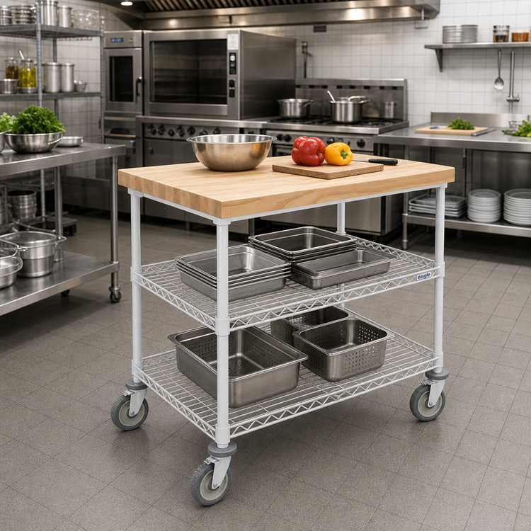 Product image #2 for Eagle Group QuadTruss 3-Tier Maple Top Demo Cart with Wire Shelves, 36 x 24 x 34 Inches, White Epoxy Finish