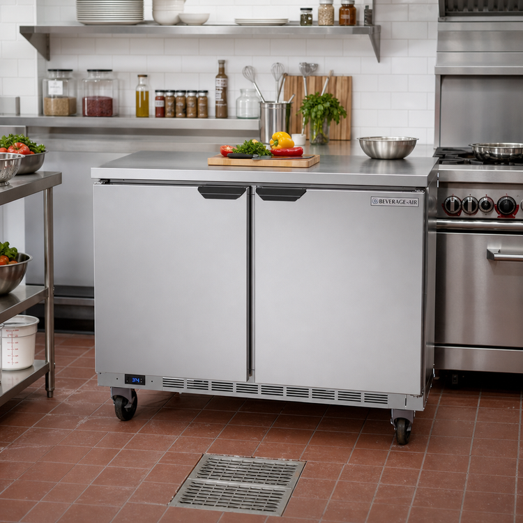 Product image #2 for Beverage-Air 48-Inch Two-Section Flat-Top Worktop Refrigerator with Solid Doors, 11.82 Cu. Ft.