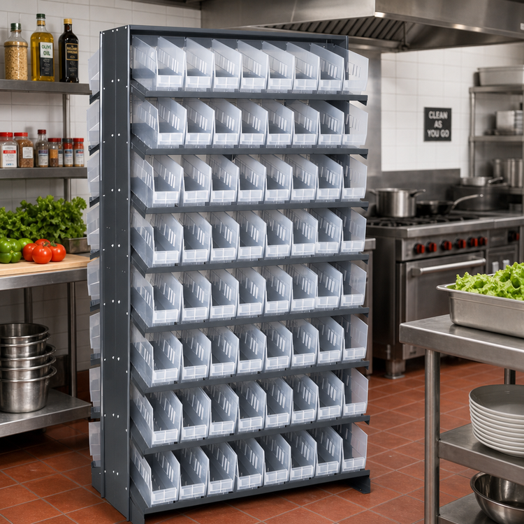 Product image #2 for Quantum Sloped Double-Sided Pick Rack with 16 Shelves and 128 Clear Bins