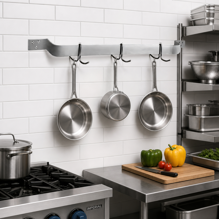 Product image #2 for Eagle Group 36-Inch Wall-Mount Single-Bar Stainless Steel Pot Rack with 3 Double-Prong Hooks
