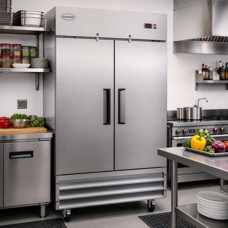 Product image #2 for KoolMore 39-Inch 2-Section Reach-In Refrigerator, 35 Cu. Ft., Bottom-Mount Self-Contained, Solid Doors, Stainless Steel