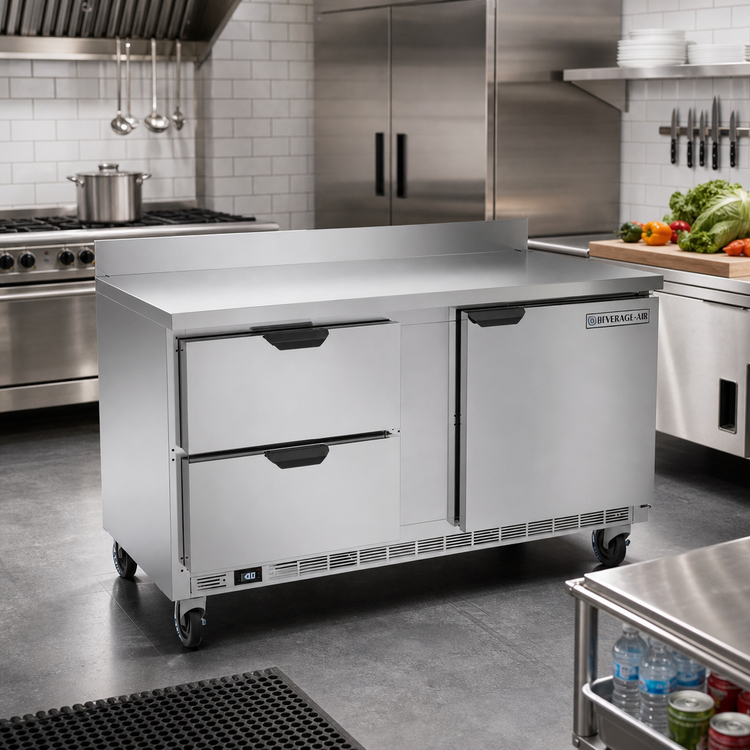 Product image #2 for Beverage-Air 60-Inch Two-Section Worktop Freezer with Drawers and Solid Door, Self-Contained R290, 14.39 Cu. Ft.
