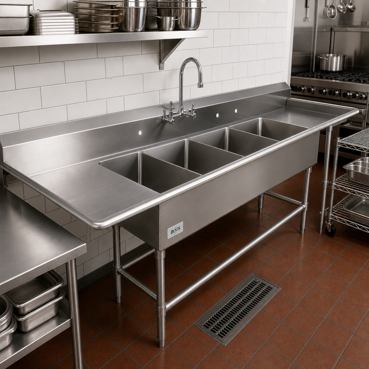 Product image #2 for John Boos Pro-Bowl 4-Compartment Stainless Steel Sink with Dual 30-Inch Drainboards, 30" x 24" x 14" Bowls