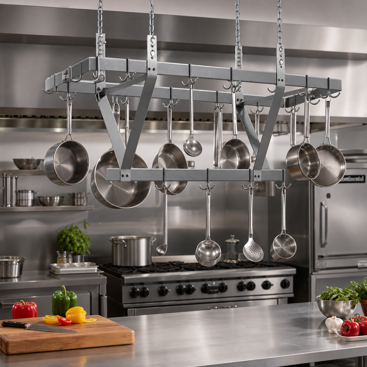 Product image #2 for Eagle CM48APR-X Ceiling-Mounted Triple-Bar Aluminum Pot Rack — 40 Inches W x 20 Inches D x 18 Inches H (Includes 12 Double-Prong Hooks & 24 Inches Chains)