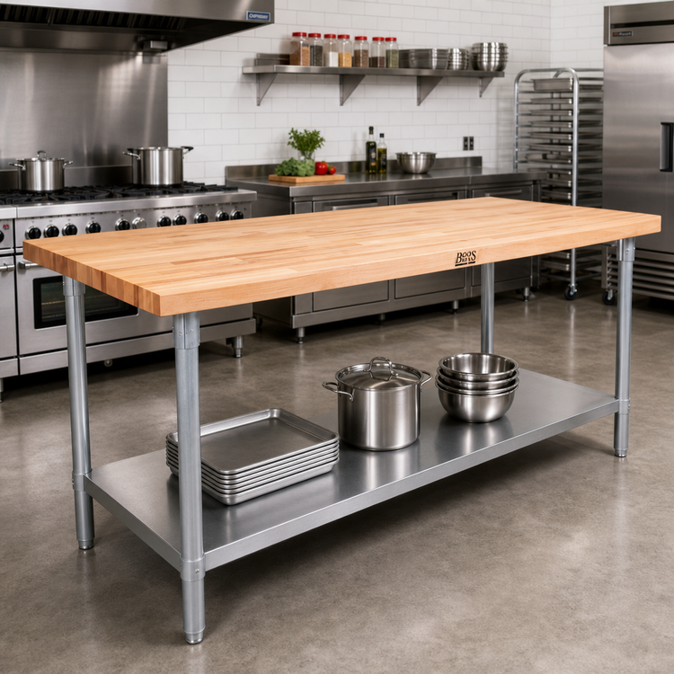 Product image #2 for John Boos 120" x 30" Wood Top Work Table with Stainless Steel Base and Adjustable Undershelf