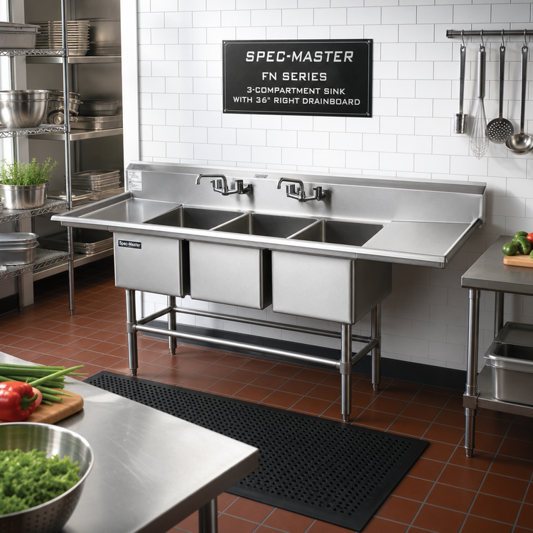 Product image #2 for Spec-Master FN Series 3-Compartment Stainless Steel Sink with 36 Inch Right Drainboard