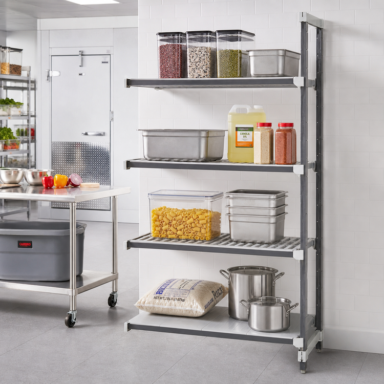 Product image #2 for Cambro Camshelving Elements XTRA 21" Deep x 30" Wide x 72" High 4-Tier Stationary Add-On Shelving Unit, 3 Vented + 1 Solid, Speckled Gray