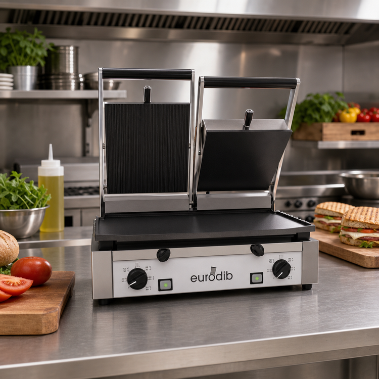 Product image #2 for Eurodib Double Countertop Electric Panini Grill, Ribbed Top/Flat Bottom, 19.7 x 10-Inch Cast Iron Plates, 208-240V