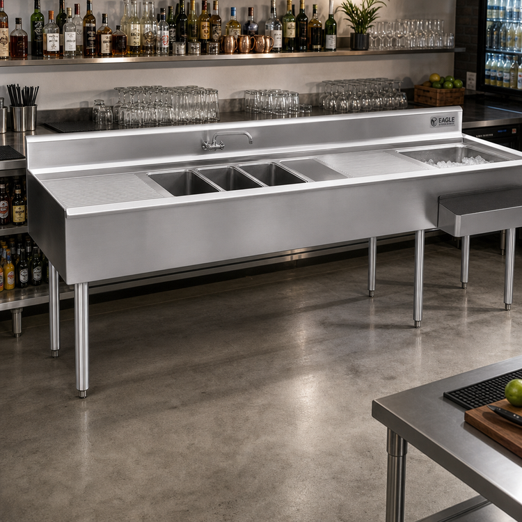 Product image #2 for Eagle 2200 Series 120-Inch Underbar Combination Unit with 3-Compartment Sink, Dual Drainboards, and Right Ice Bin