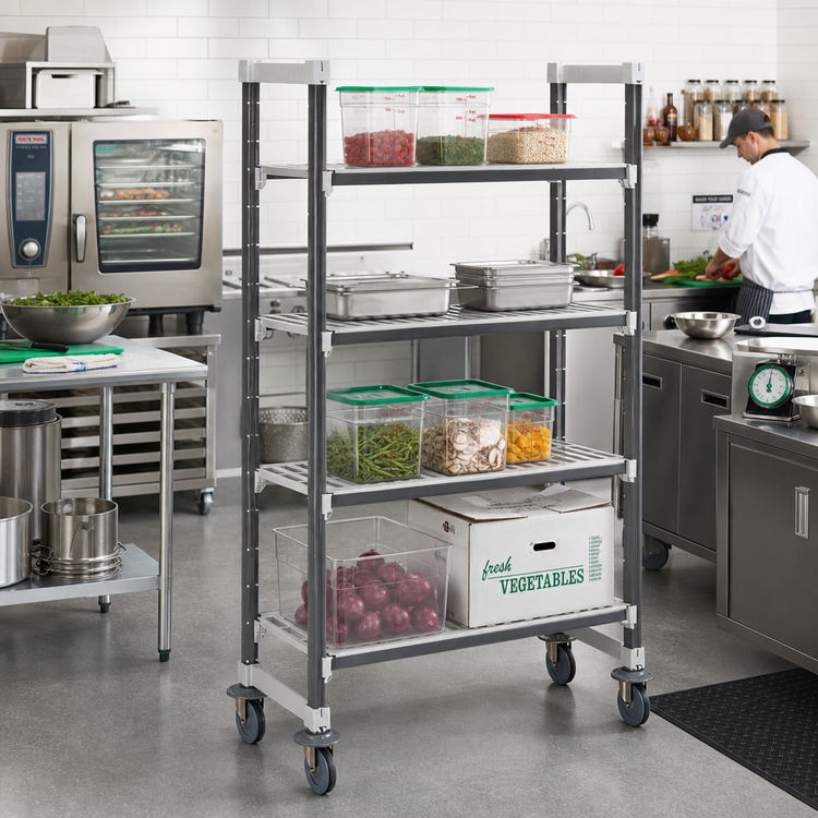 Product image #2 for Cambro Camshelving Elements XTRA High Density Mobile Starter Unit, 18 x 36 x 70-1/4 Inches, 4-Shelf Vented, Speckled Gray