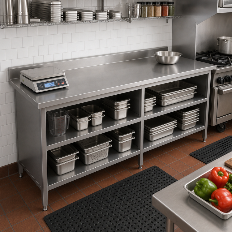 Product image #2 for John Boos Open Front Cabinet Base Work Table with 16-Gauge 300 Series Stainless Steel Top, 5-Inch Backsplash, 120 x 30 Inches