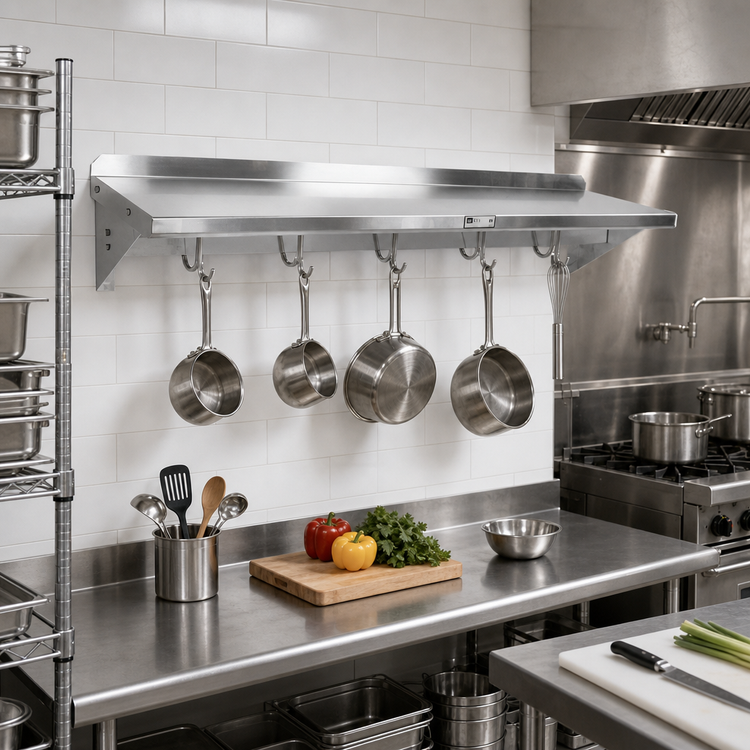 Product image #2 for John Boos Stallion 60-Inch Wall-Mount Stainless Steel Pot Rack Shelf, 18-Gauge, 5 Hooks