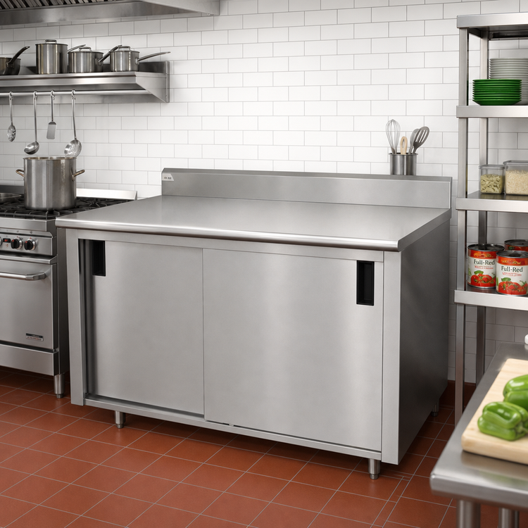 Product image #2 for Advance Tabco Enclosed Work Table with Cabinet Base and Sliding Doors, 108-Inch W x 36-Inch D, 14-Gauge 304 Stainless Steel Top, 5-Inch Backsplash