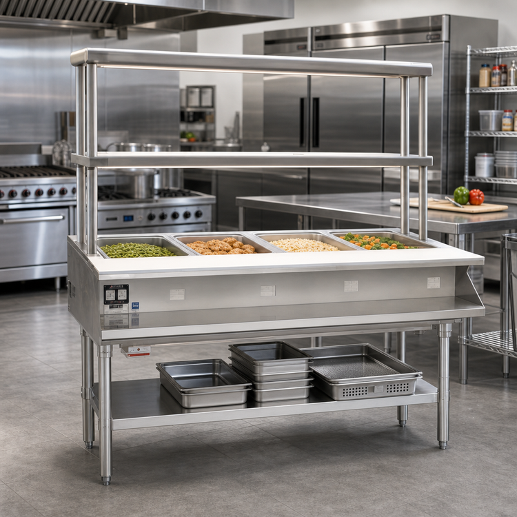 Product image #2 for Eagle Group 63-1/2-Inch Electric Hot Food Table with 4 Wet/Dry Sealed Wells and Double-Tier Flex-Master Overshelves