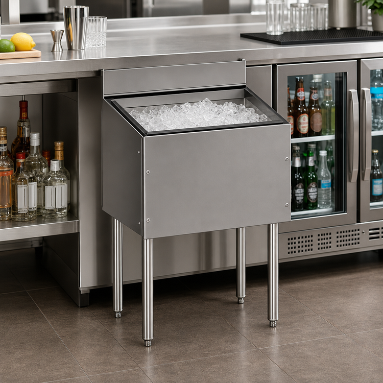 Product image #2 for CHOICE Extra Deep Underbar Ice Bin, 18 Inch Wide x 19 Inch Deep, 69 lb Capacity, Stainless Steel