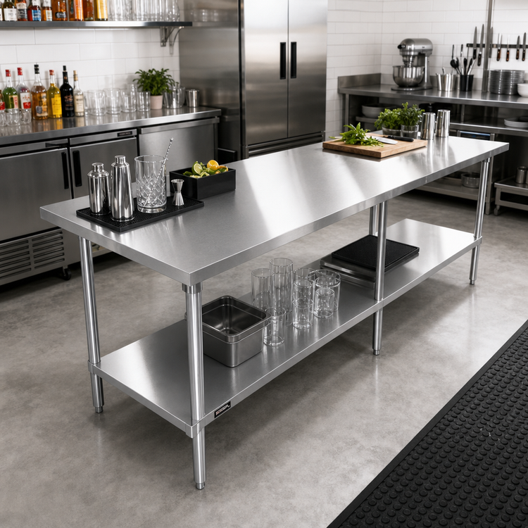 Product image #2 for Sapphire 108-Inch x 30-Inch Stainless Steel Flat Top Cocktail Station Worktable with Undershelf