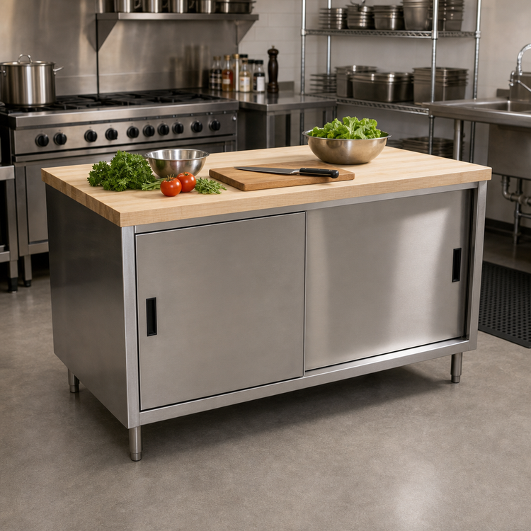 Product image #2 for BK Resources 60-Inch x 30-Inch Hard Maple Wood Top Chef Table with Stainless Steel Cabinet Base and Sliding Doors
