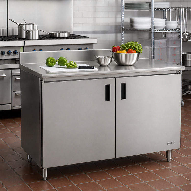 Product image #2 for Advance Tabco 144-Inch Enclosed Stainless Steel Work Table with Cabinet Base, Mid-Shelf, Hinged Doors, 14 Gauge 304 Stainless Steel Top, 5-Inch Backsplash