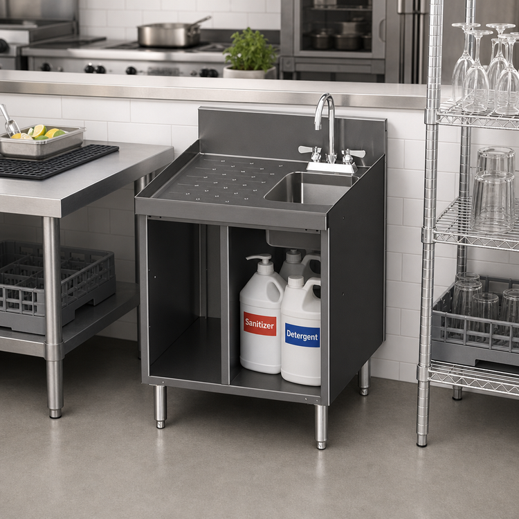 Product image #2 for CHOICE 24 Inch Stainless Steel Underbar Hand & Dump Sink Cabinet with Left Drainboard and Chemical Storage