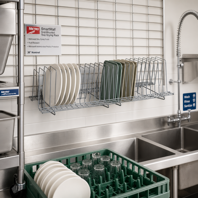 Product image #2 for Metro SmartWall 36-Inch Nominal Grid-Mounted Tray Drying Rack, Metroseal Gray Epoxy-Coated Finish with Microban