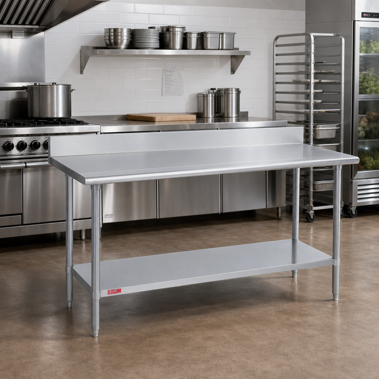 Product image #2 for Duke 60-Inch x 24-Inch 14-Gauge 300 Series Stainless Steel Work Table with 4.59-Inch Riser and Galvanized Undershelf