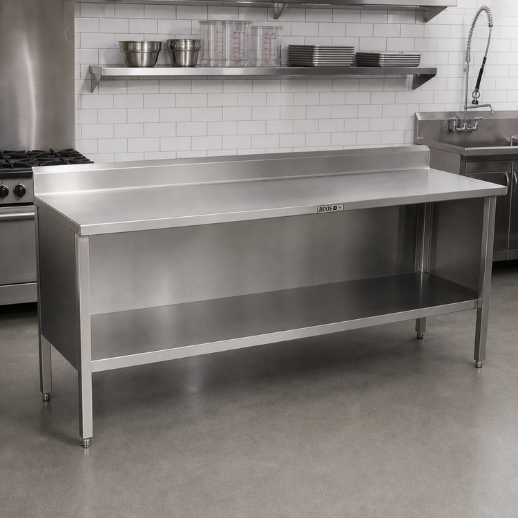 Product image #2 for John Boos 96 Inch x 24 Inch Stainless Steel Open Front Work Table with 5 Inch Backsplash