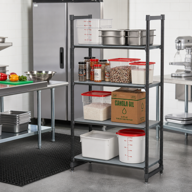 Product image #2 for Cambro Camshelving Basics Plus 4-Tier Solid Stationary Polymer Shelving Starter Unit, 18" x 30" x 72", Brushed Graphite