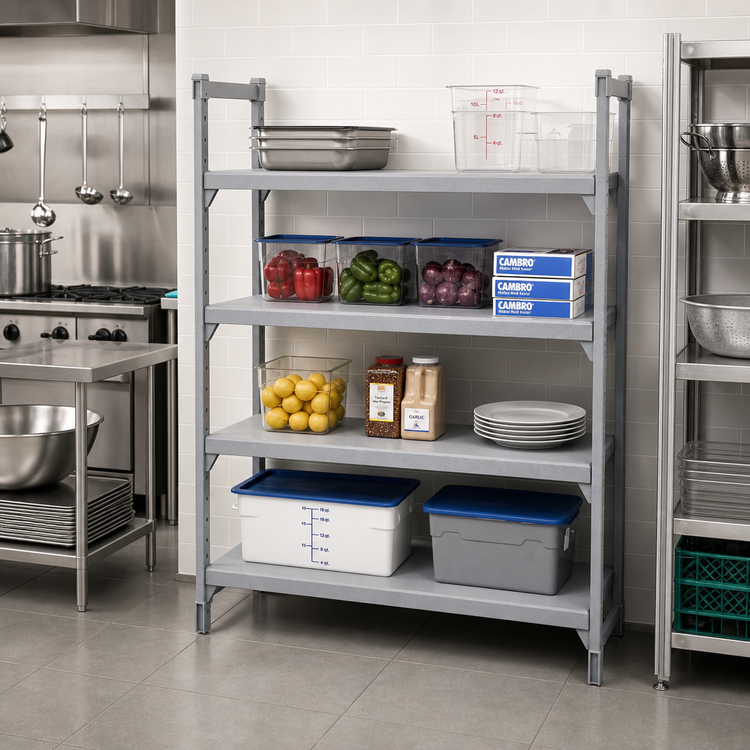 Product image #3 for Cambro Camshelving Premium 18-Inch x 60-Inch 4-Shelf Solid Polymer Shelf Kit, Speckled Gray