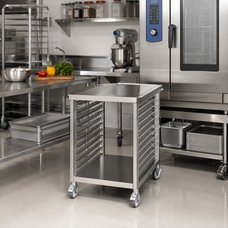 Product image #2 for FWE 21-1/2 Inch Wide Mobile Stainless Steel Equipment Stand with 15 Universal Slides and Undershelf