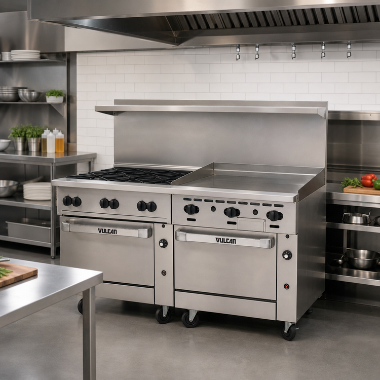 Product image #2 for Vulcan Endurance 72 Inch Gas Restaurant Range with 6 Open Burners, 36 Inch Thermostatic Griddle, and 2 Standard Ovens