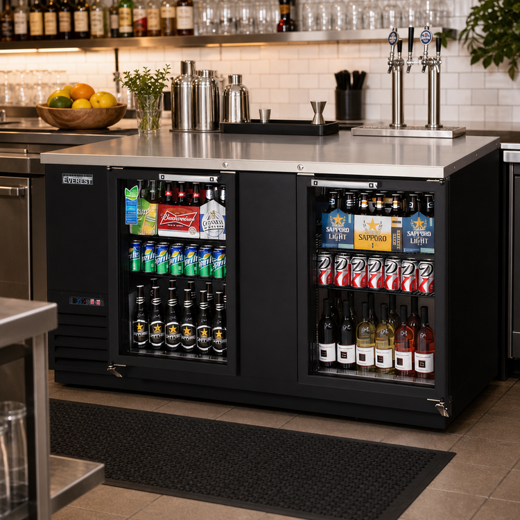 Product image #2 for Everest Refrigeration EBB69G Two-Section Glass Door Back Bar Refrigerator, 68 Inch, 24 Cu. Ft., Self-Contained Side-Mounted