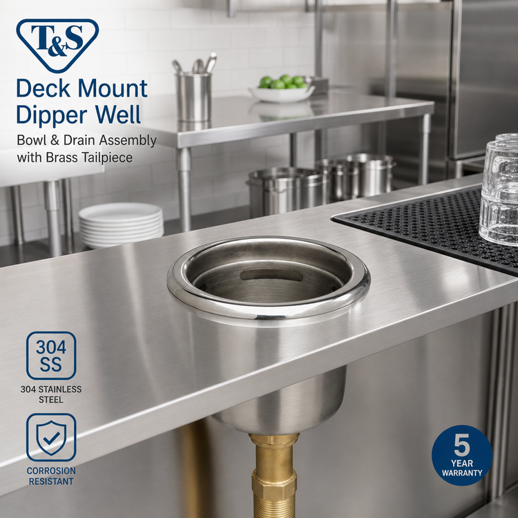 Product image #2 for T&S Brass Deck Mount Stainless Steel Dipper Well Bowl & Drain Assembly with Brass Tailpiece