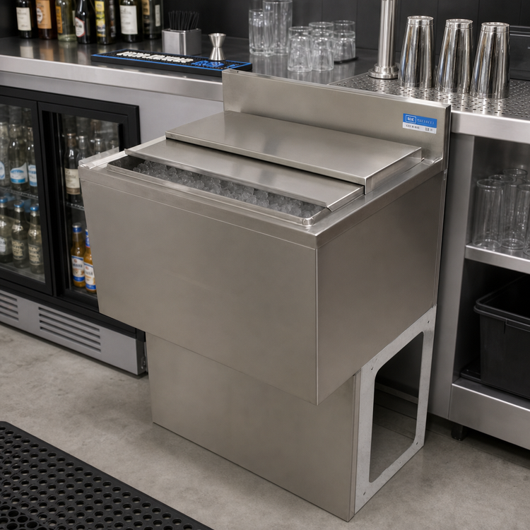Product image #3 for BK Resources 30-Inch Wide Insulated Underbar Ice Bin with 8-Circuit Aluminum Cold Plate and Pedestal Base, 80 lb Capacity
