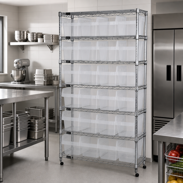Product image #2 for Quantum WR8-814CL 36" x 24" x 74" Chrome-Plated Bin Wire Shelving System with 8 Shelves and 28 Clear Bins