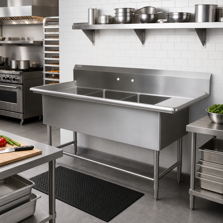 Product image #2 for John Boos Pro-Bowl 3-Compartment Sink with Right Drainboard, 82-3/16" W x 29-1/2" D, 18" x 24" x 14" Bowls, 14-Gauge Stainless Steel