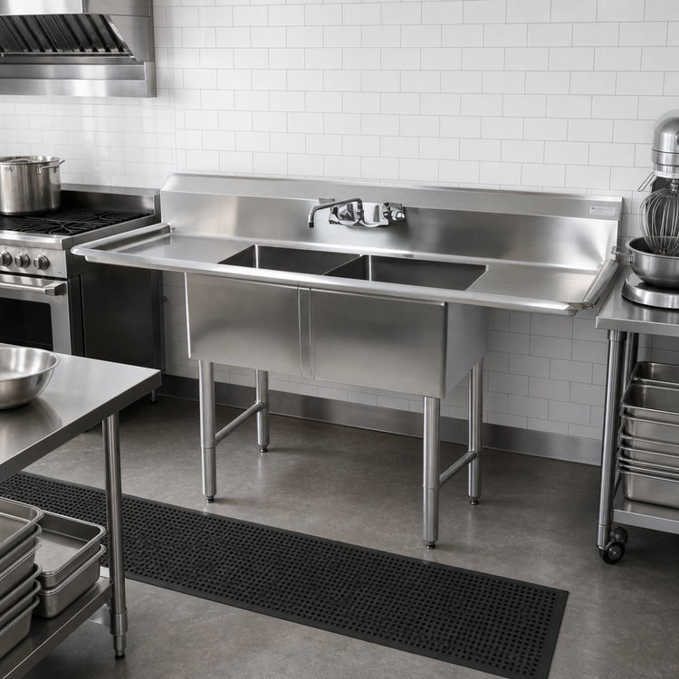 Product image #2 for BK Resources 72-Inch Two-Compartment Stainless Steel Sink with Left and Right Drainboards and 9-Inch Backsplash