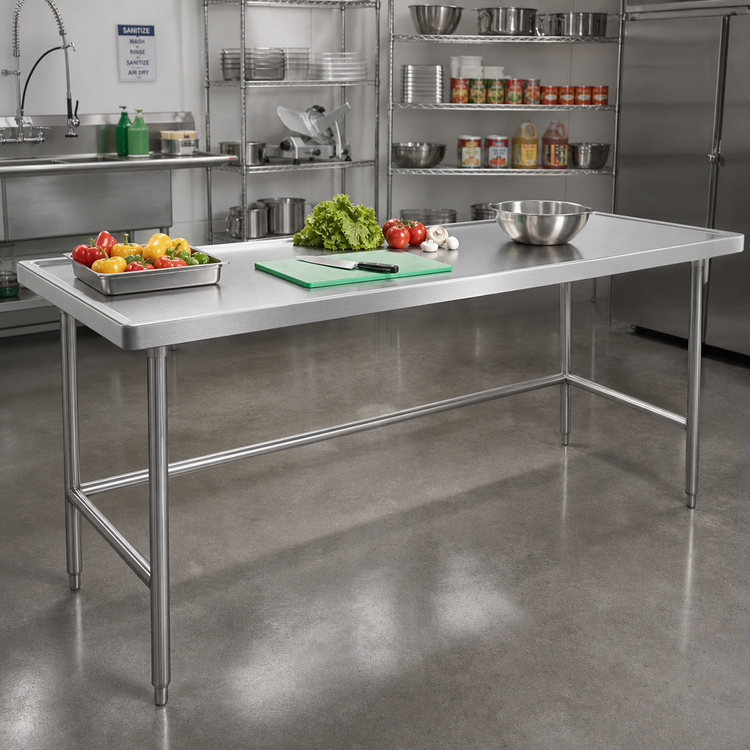 Product image #2 for Advance Tabco 144" x 48" 14-Gauge 304 Stainless Steel Open Base Work Table with Countertop Edge