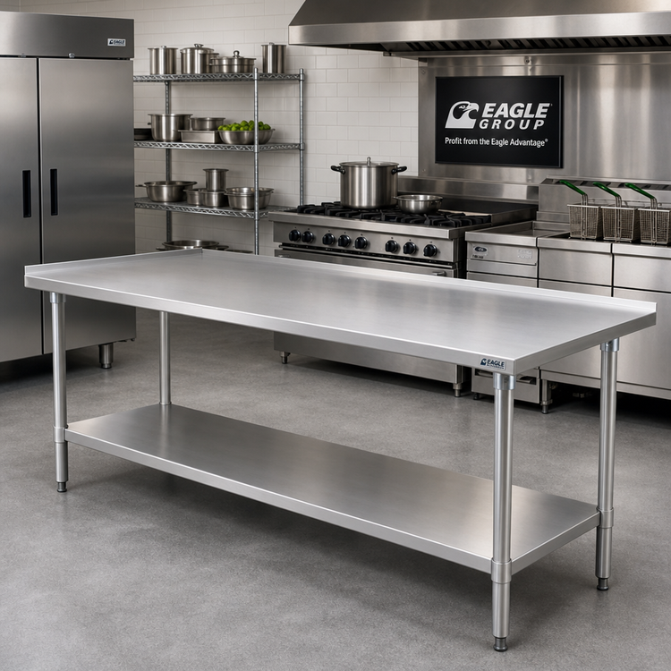 Product image #2 for Eagle Group Deluxe Series 120" x 36" Stainless Steel Work Table with 16-Gauge Top, 1-1/2" Rear Upturn, and Adjustable Undershelf