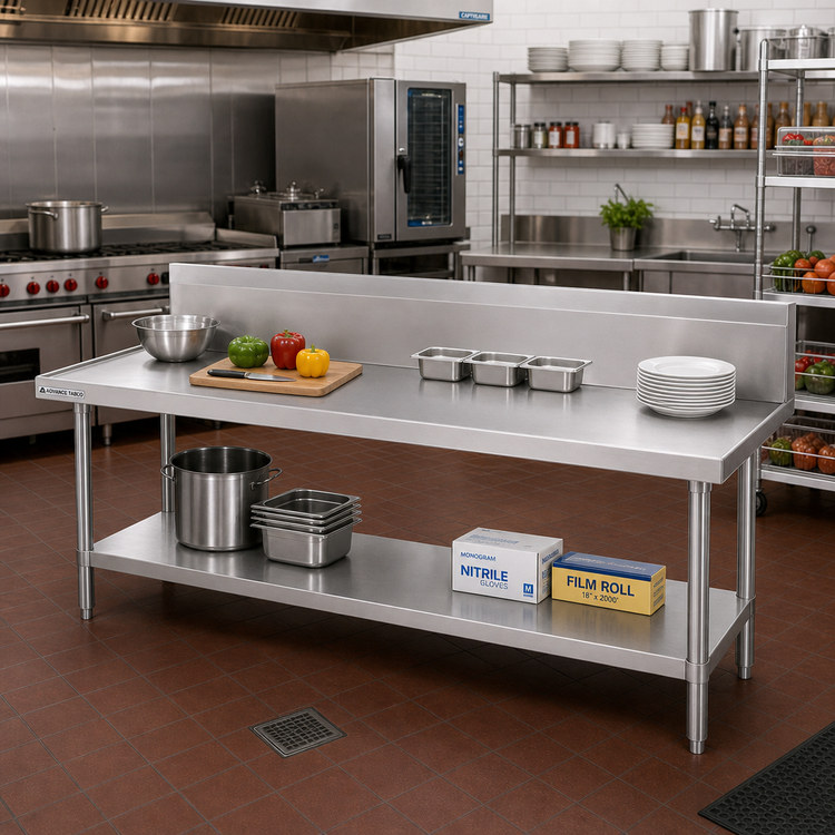 Product image #2 for Advance Tabco 144-Inch x 30-Inch 14-Gauge 304 Stainless Steel Work Table with 10-Inch Backsplash and Adjustable Undershelf