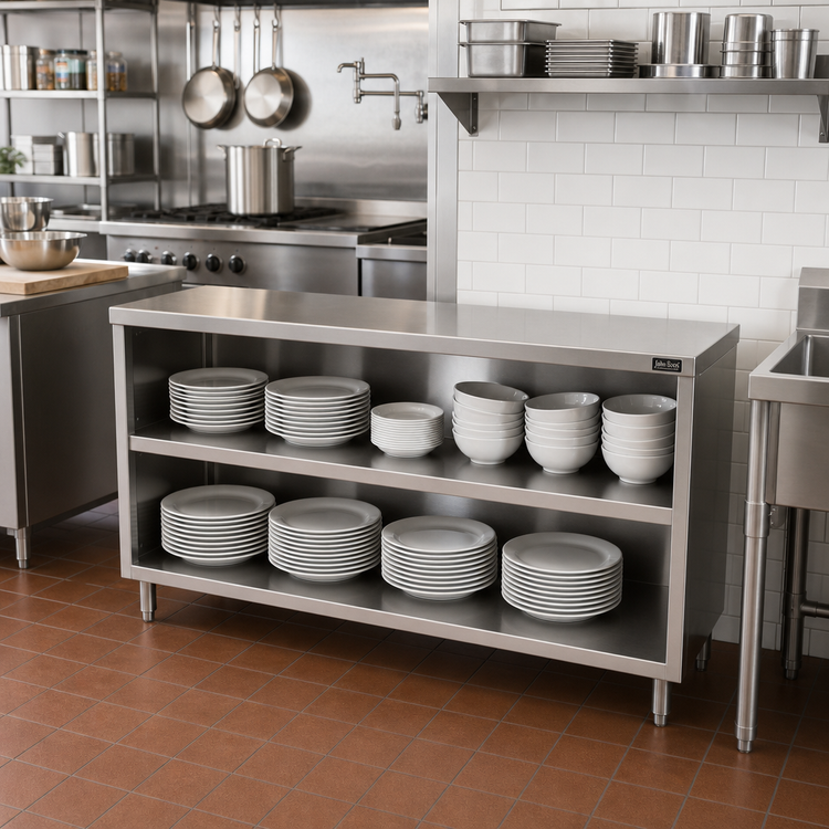 Product image #2 for John Boos 48-Inch Wide Open Front Stainless Steel Dish Storage Cabinet with Open Base and Mid-Shelf