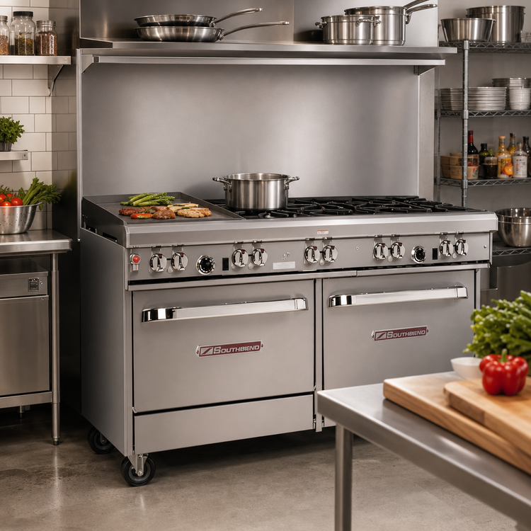Product image #2 for Southbend Ultimate 60-Inch Commercial Gas Restaurant Range with 6 Open Burners, 24-Inch Thermostatic Griddle, Convection Oven, and Cabinet Base